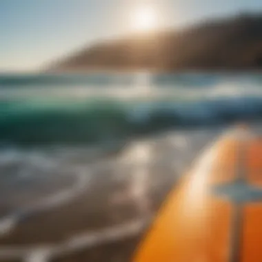 Surfboard with vibrant ocean backdrop in Ensenada