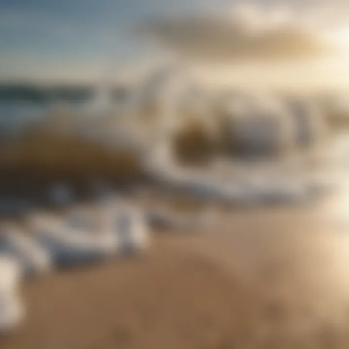 Foamy ocean waves gently washing over sandy beach