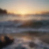 Ocean waves crashing on rocky shore at sunset