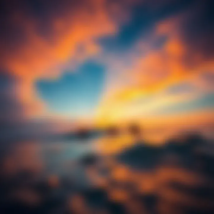 A breathtaking sunset over the ocean with surfers enjoying the waves