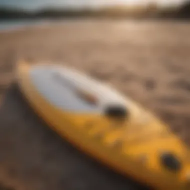 Close-up of essential paddle board gear laid out on the beach