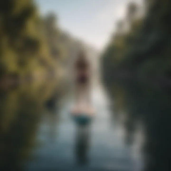 A paddle boarder practicing techniques in calm waters