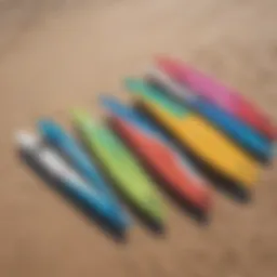 Aerial view of colorful kitesurfing boards lined up on a beach