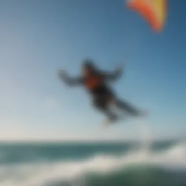 Scenic shot of a beginner learning to control a kiteboarding kite in the ocean