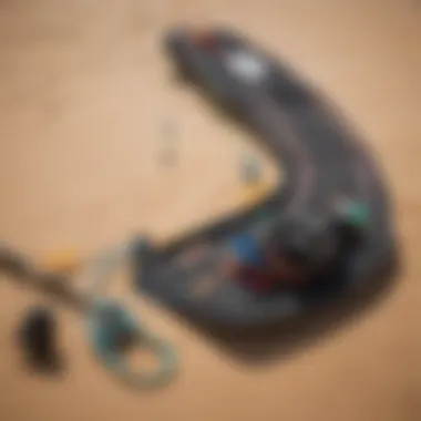 Close-up view of high-quality kitesurfing gear laid out on a sandy beach