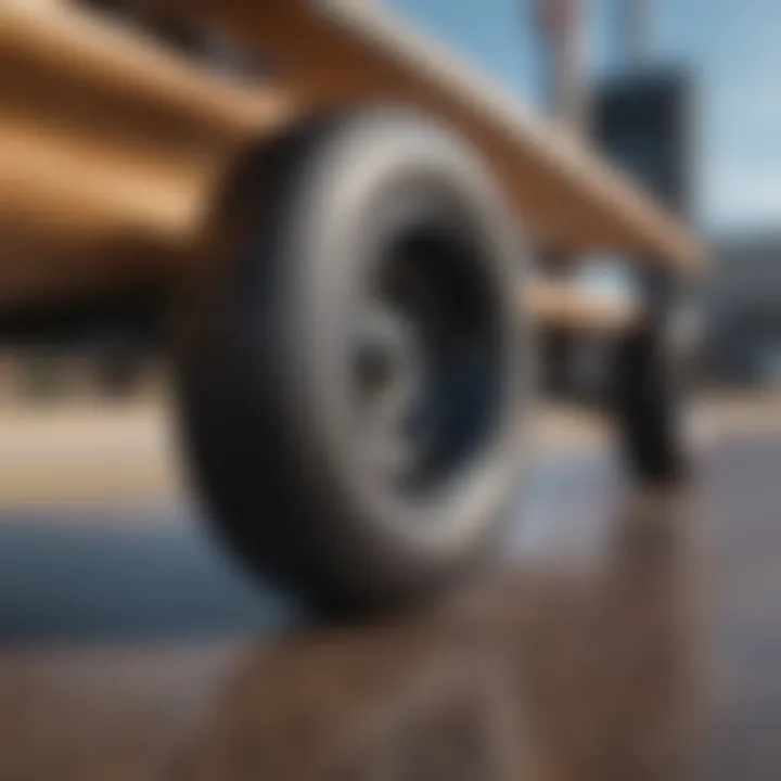 Close-up of longboard wheels and deck, highlighting essential gear