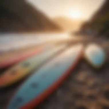 A colorful array of surfboards lined up on the beach