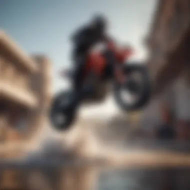 Motorcycle jumping over obstacles in futuristic setting