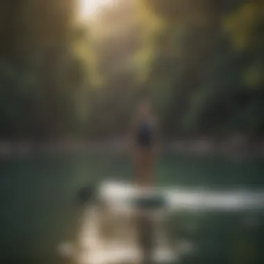 A tranquil paddle boarding scene with emphasis on safety gear and practices