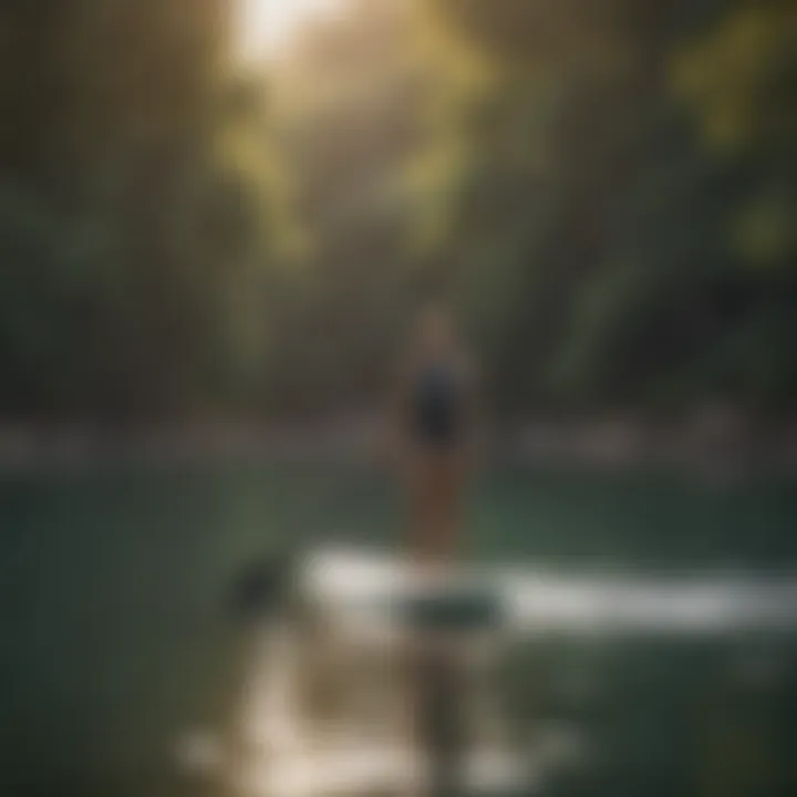 A tranquil paddle boarding scene with emphasis on safety gear and practices