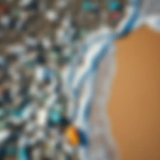 Aerial view of a beach littered with plastic waste