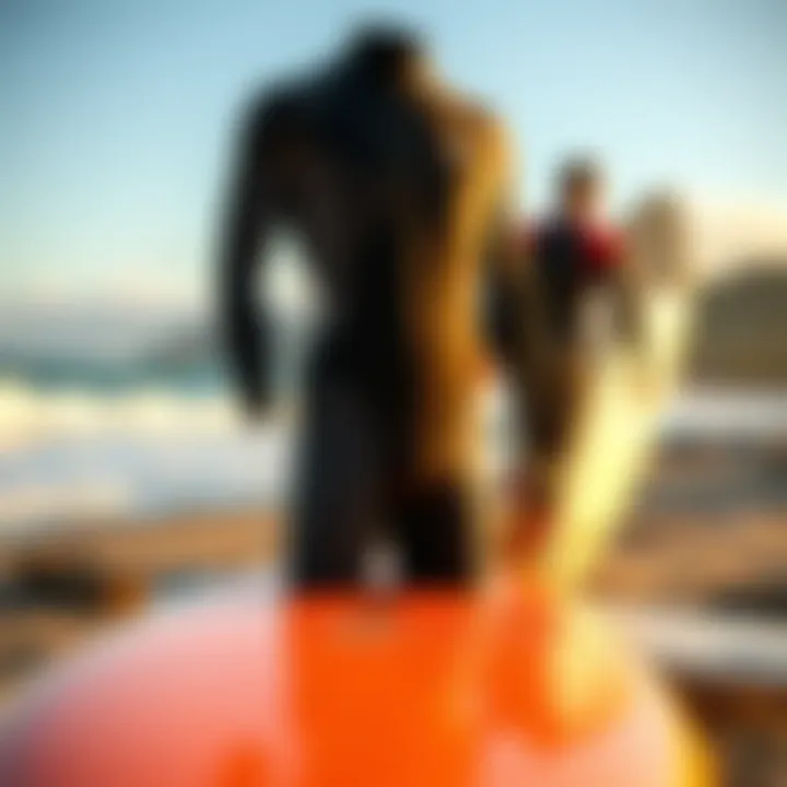 O'Neill Summer Wetsuit on a Surfboard O'Neill summer wetsuit displayed on a surfboard at the beach