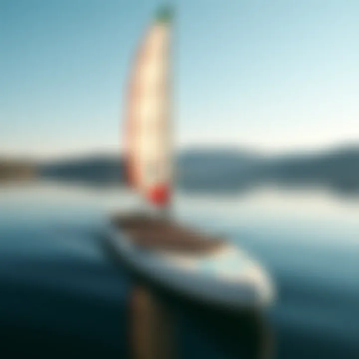 Paddle Board Sailing on Still Waters Paddle board with a sail attachment on a calm lake