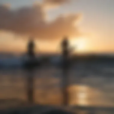 Sunset silhouette of surfers catching waves in Panama