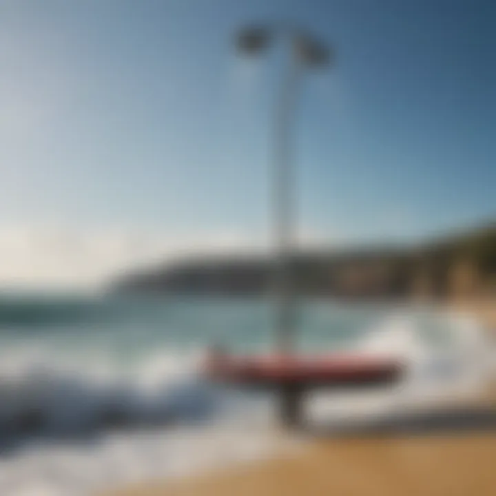 A sleek portable shower surfing board against a vibrant ocean backdrop