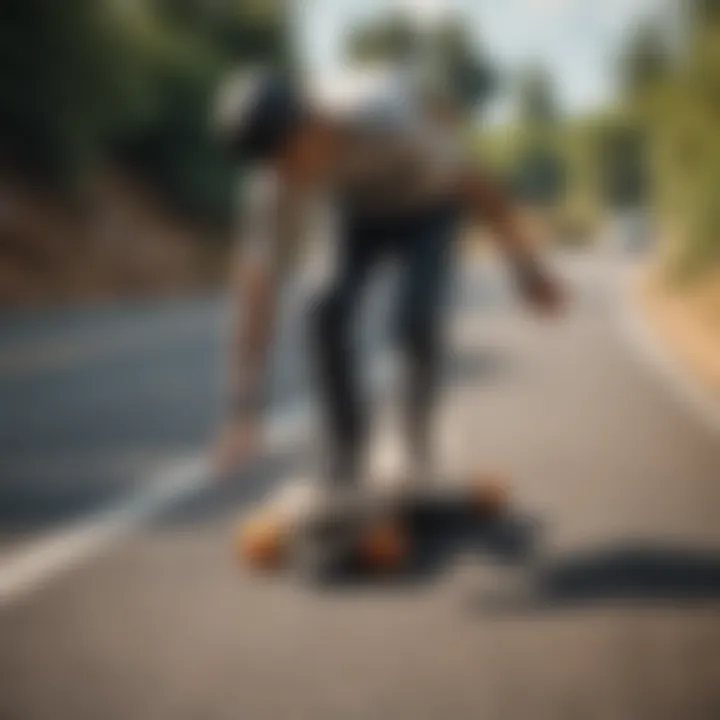 Longboard skater executing a precise carve on a winding road