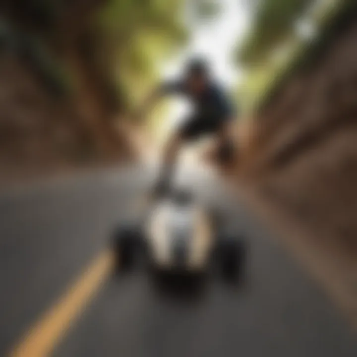 Longboarder speeding down a steep hill with intense focus