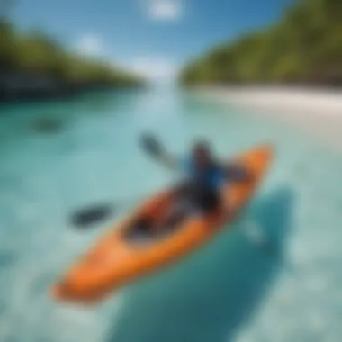 Kayaker navigating through crystal-clear waters with vibrant marine life below