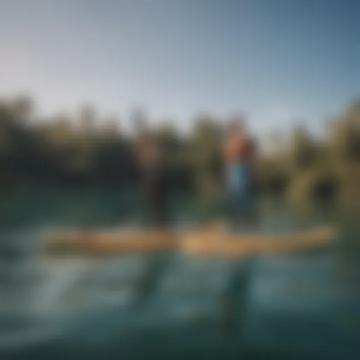 An array of stand-up paddleboards showcasing various sizes and shapes against a serene water backdrop.