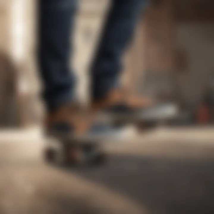 A skateboarder wearing a distinctive pair of skate shoes while performing tricks.