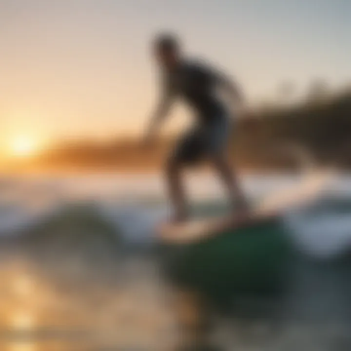 An individual riding a stand-up motorized surfboard at sunset