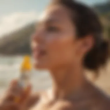 A person applying sunscreen mist on their face at the beach