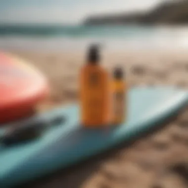 A serene beach scene with surfboards and sunscreen products