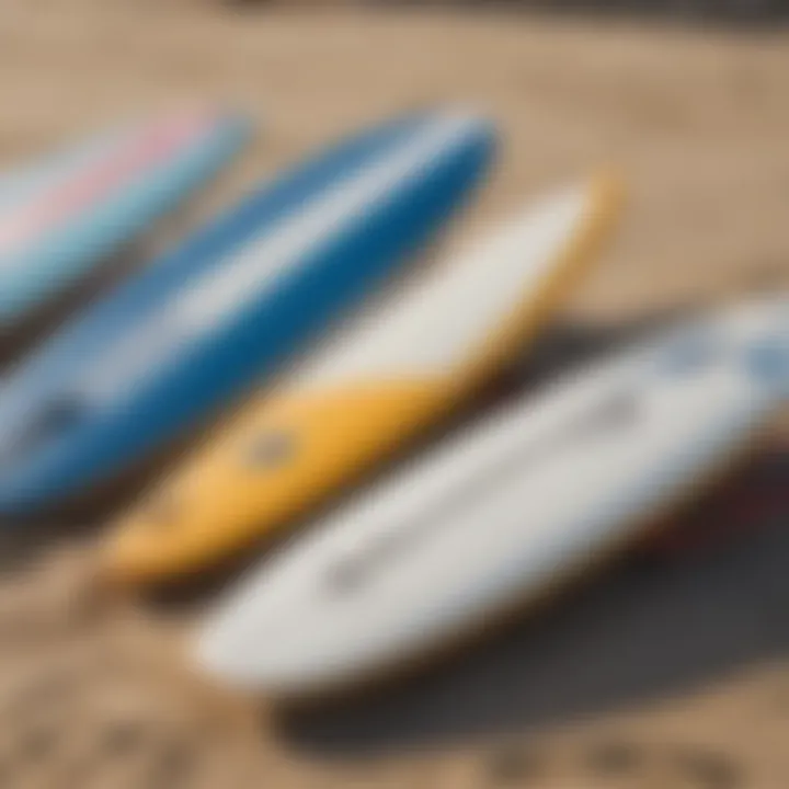 A close-up of surfboards lined up on the sand ready for a day of surfing