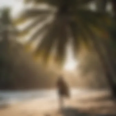 Surfer walking along a palm-lined beach in Costa Rica