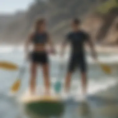 An instructor demonstrating proper paddling techniques to students