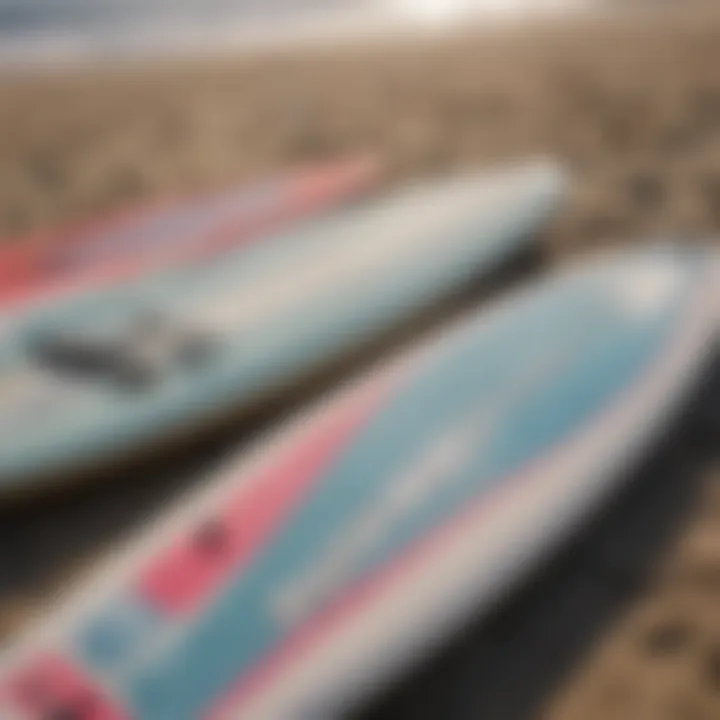 A close-up of surfboards and safety gear lined up for lessons