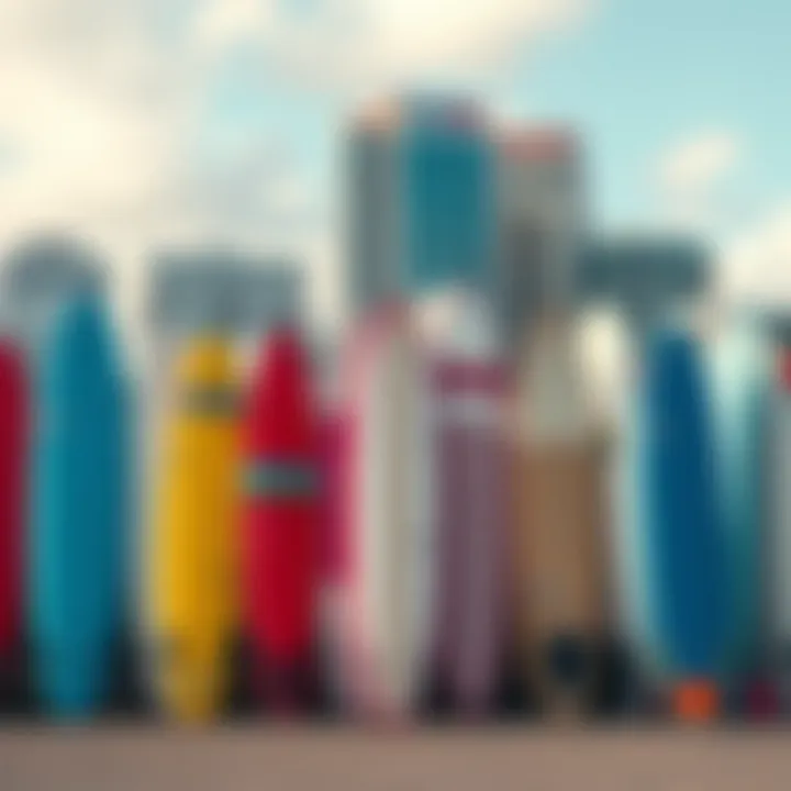 Colorful surfboards lined up against a backdrop of Fort Lauderdale
