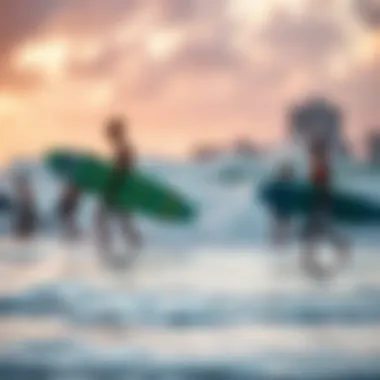 A group of surfers enjoying a sunset session on the beach