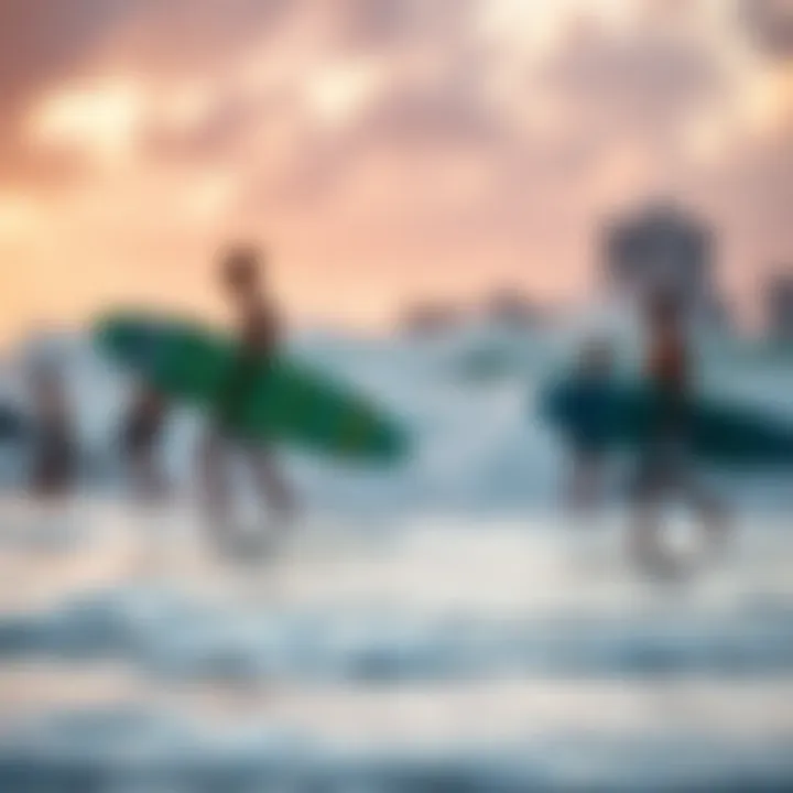A group of surfers enjoying a sunset session on the beach