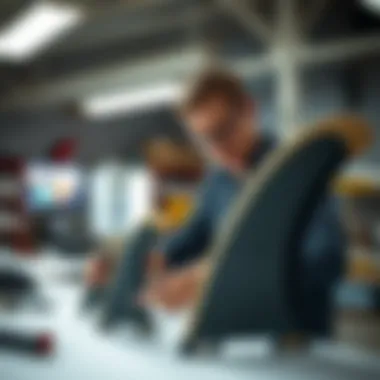Innovative Fin Engineering An engineer analyzing surfboard fin prototypes in a high-tech lab.