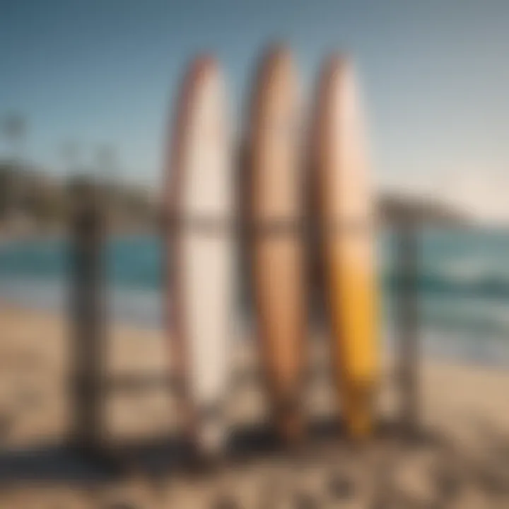 Different types of surfboard racks displayed side by side.