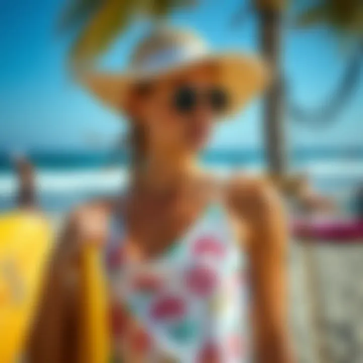 A stylish beach outfit reflecting surfer culture with accessories