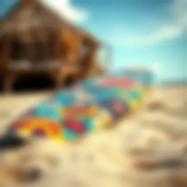 A vibrant surfboard adorned with artistic designs resting on the sand