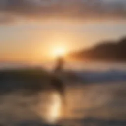 Stunning sunset over Lima's coastline with surfers riding waves