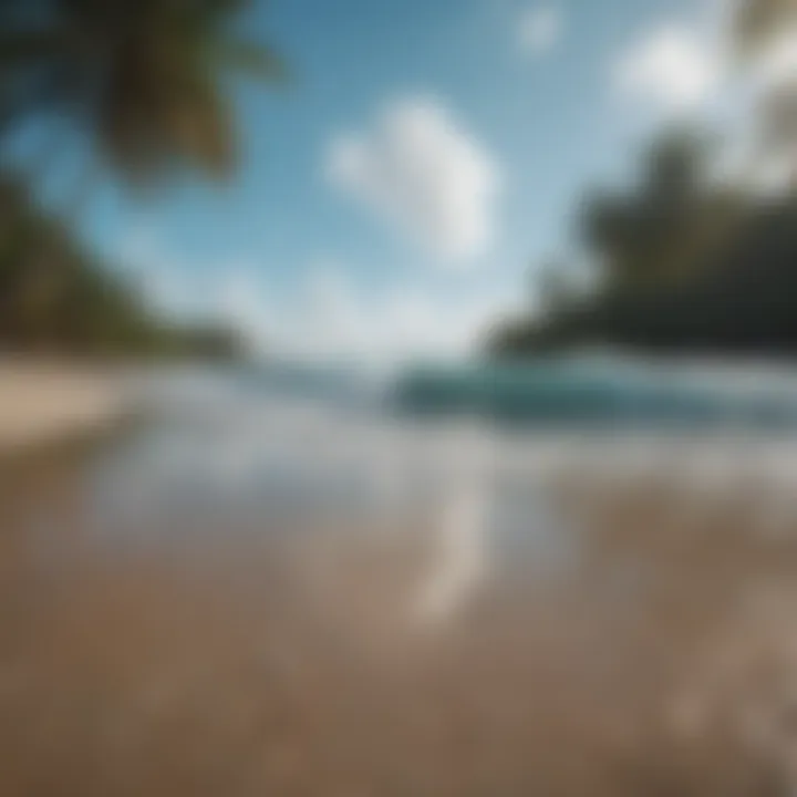 A serene beach landscape in Belize, perfect for surfing, with clear blue skies.