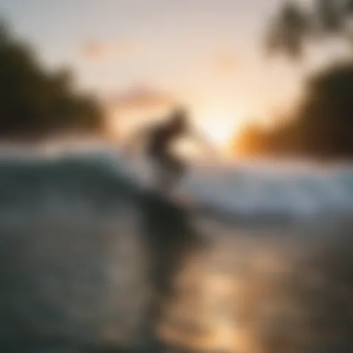 A stunning view of a surfer riding a wave against a sunset backdrop in Belize.