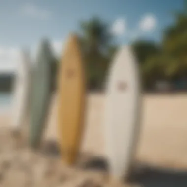 A close-up shot of surfboards lined up on the beach, highlighting local surf culture.