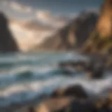 A panoramic view of Patagonia's rugged coastline with crashing waves.
