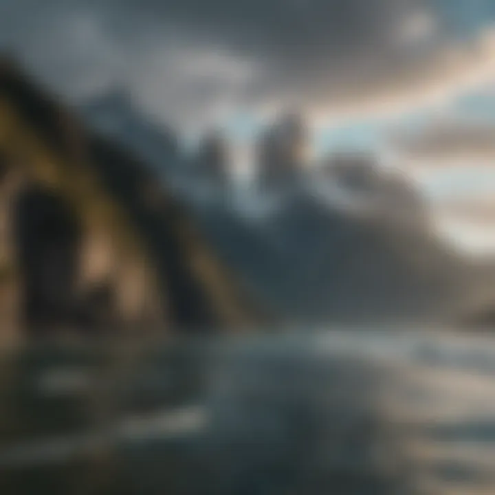 Dramatic landscape featuring mountains and ocean, showcasing Patagonia's natural beauty.