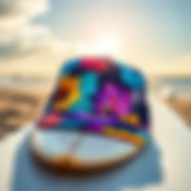 The Fusion of Style: Snapback and Surfboard A vibrant snapback hat resting on a surfboard against a sunlit beach backdrop