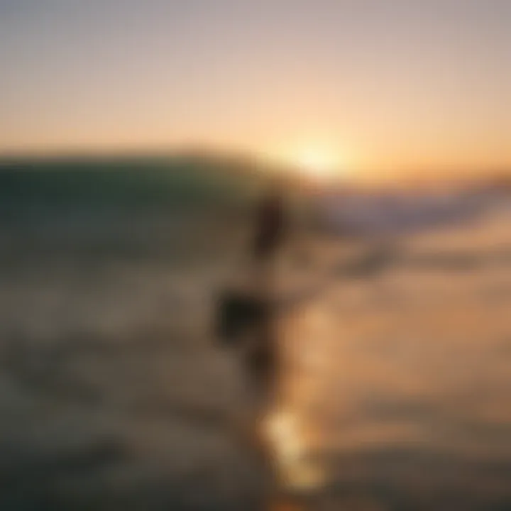 Surfer navigating a barrel wave at sunset