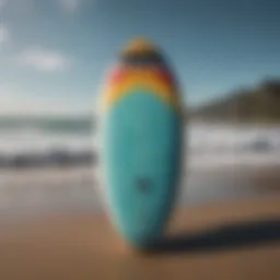 A vibrant surfboard collection showcasing various designs and colors against a beach backdrop.