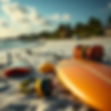 Essential Surfing Gear Surfing gear and equipment laid out on the beach