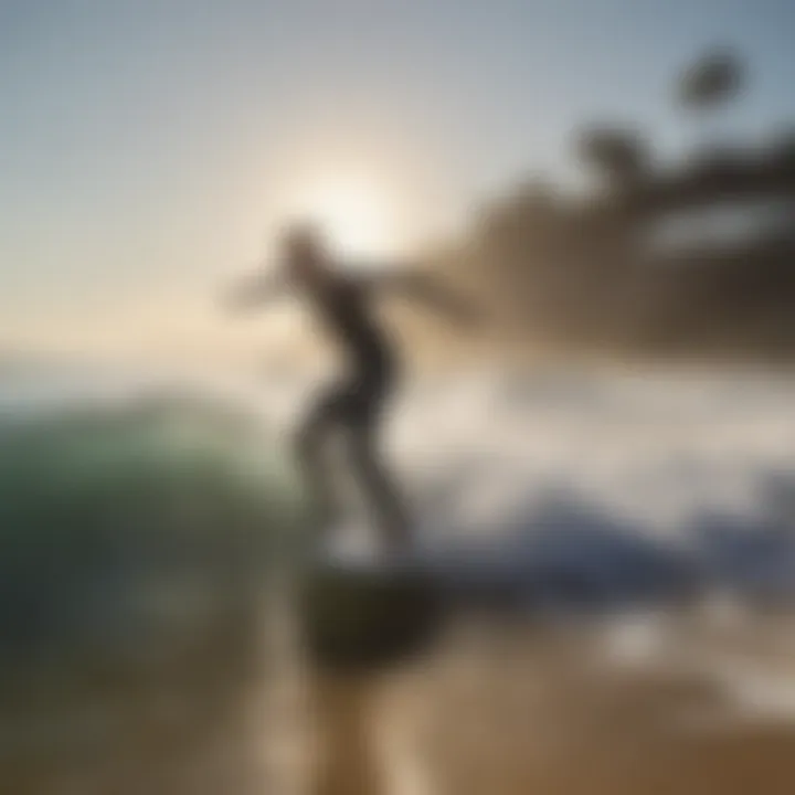 A surfer catching a wave at Pacific Beach on a sunny day.