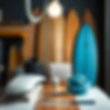 Display of various materials used in the construction of the Big Baron surfboard